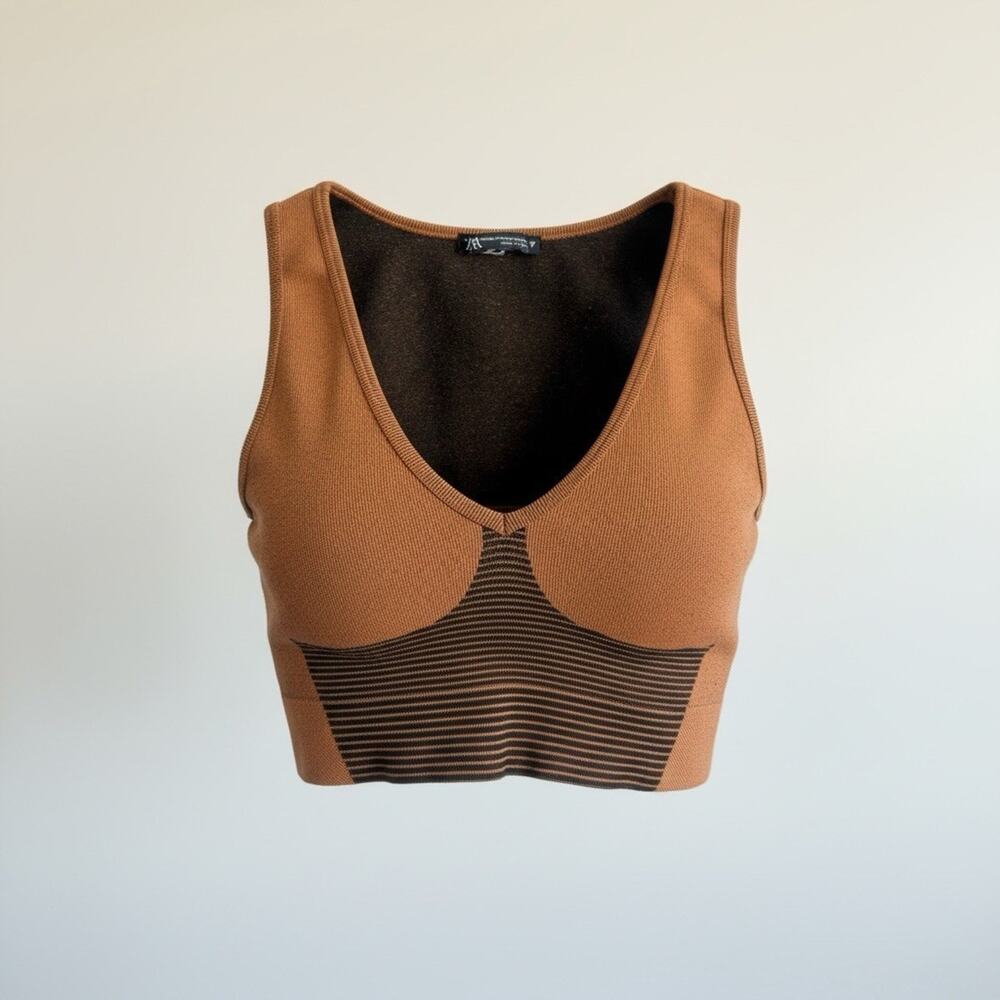 ZARA Seamless Sculpt Ribbed Crop Tank Brown Stretch Knit Bralette Top S Festival